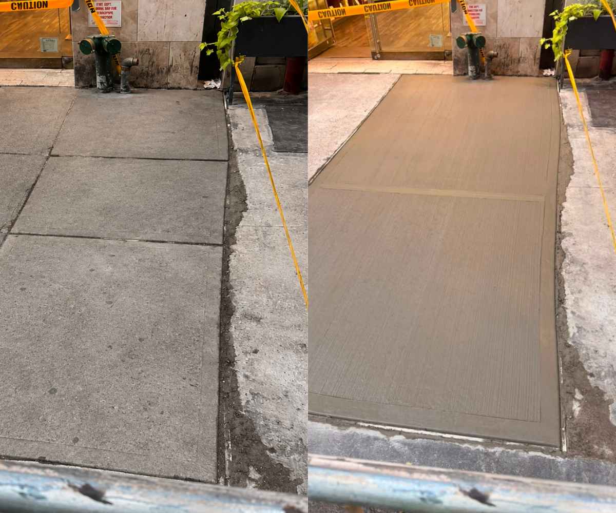 Before and after commercial sidewalk repair showing damaged concrete slabs replaced with new concrete at 25 W 32nd St in Koreatown, Manhattan