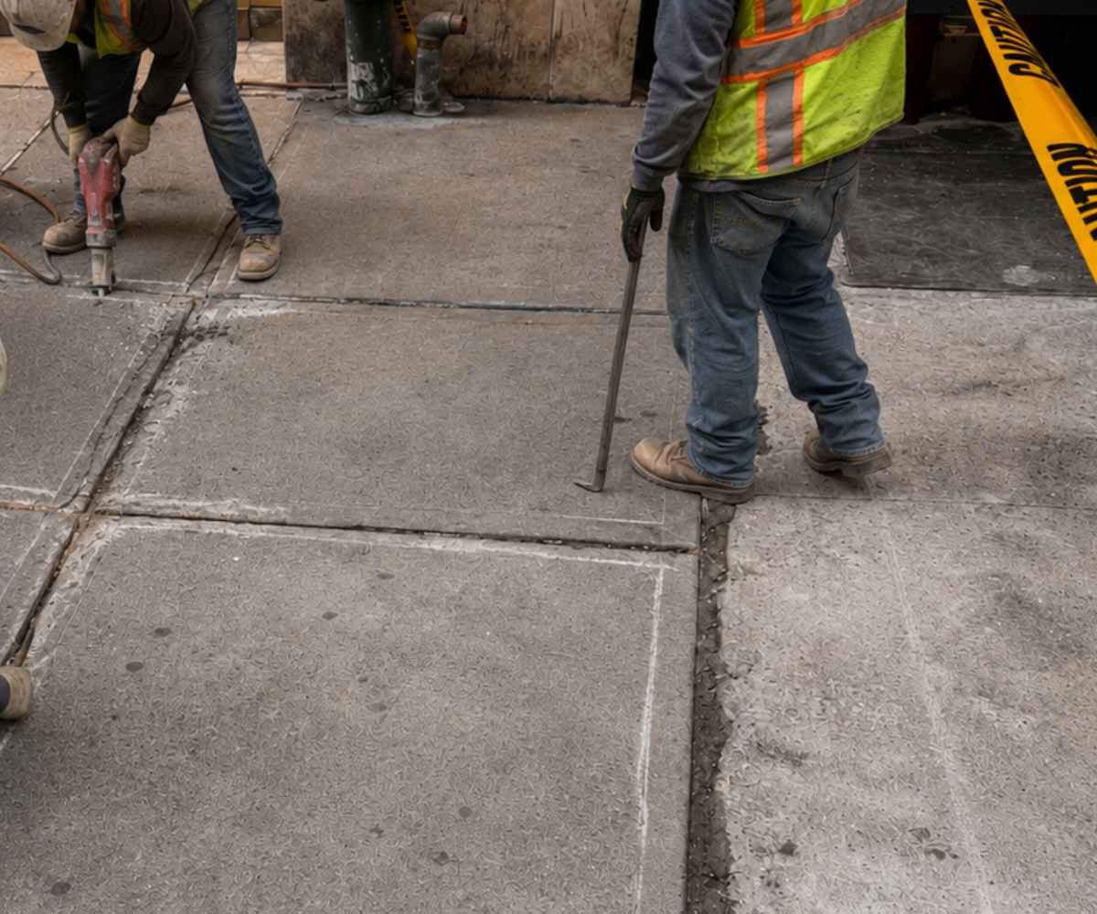 Sidewalk repair crew preparing damaged concrete slabs for removal at a commercial property in Koreatown, Manhattan