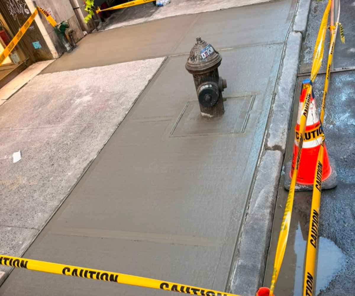 Newly repaired commercial concrete sidewalk at 25 W 32nd St in Koreatown, Manhattan after slab replacement