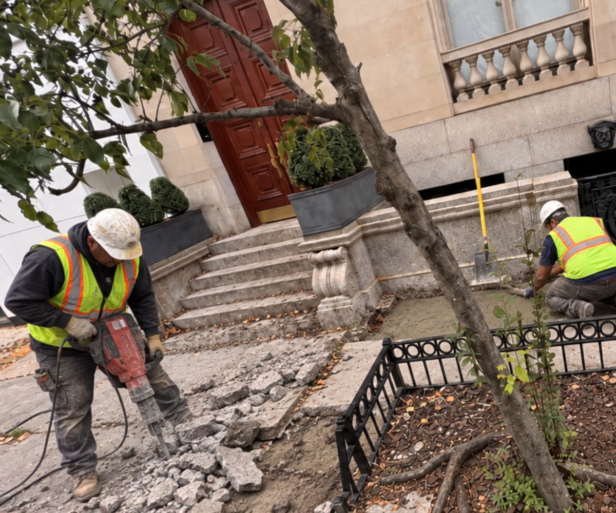 Sidewalk repair crew removing damaged concrete beside a street tree during a tree root-damaged sidewalk replacement project on the Upper East Side, Manhattan.