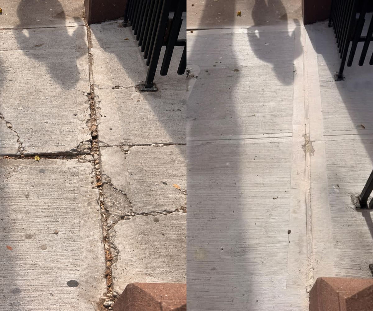 Before and after view of cracked sidewalk replaced with new concrete at 314 W 81st Street