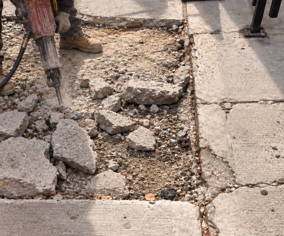Worker removing damaged concrete sidewalk at 314 W 81st Street on the Upper West Side