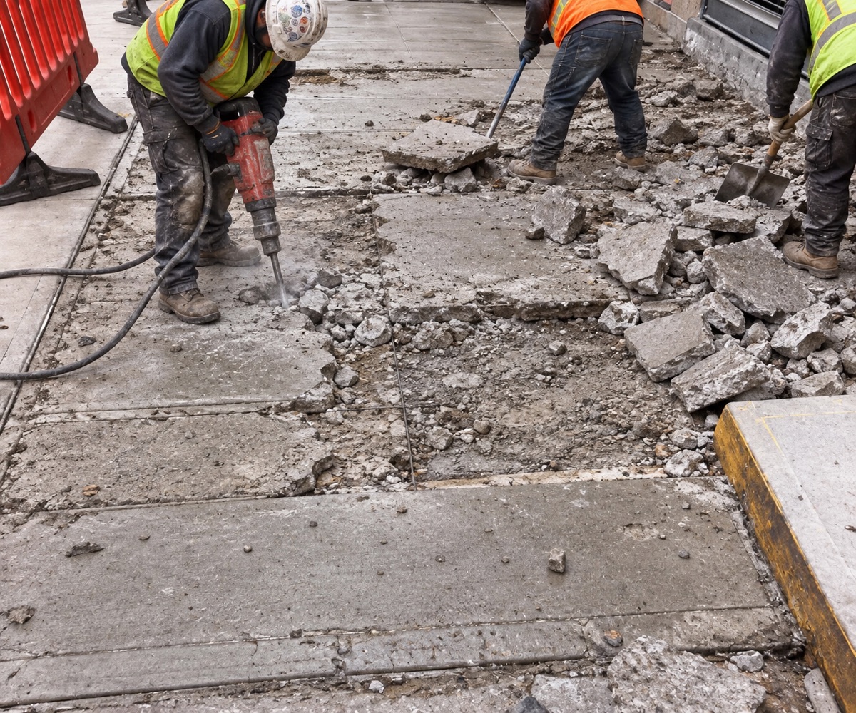 Workers breaking and removing damaged sidewalk concrete outside 208 Grand Street in Manhattan using a jackhammer and demolition tools.