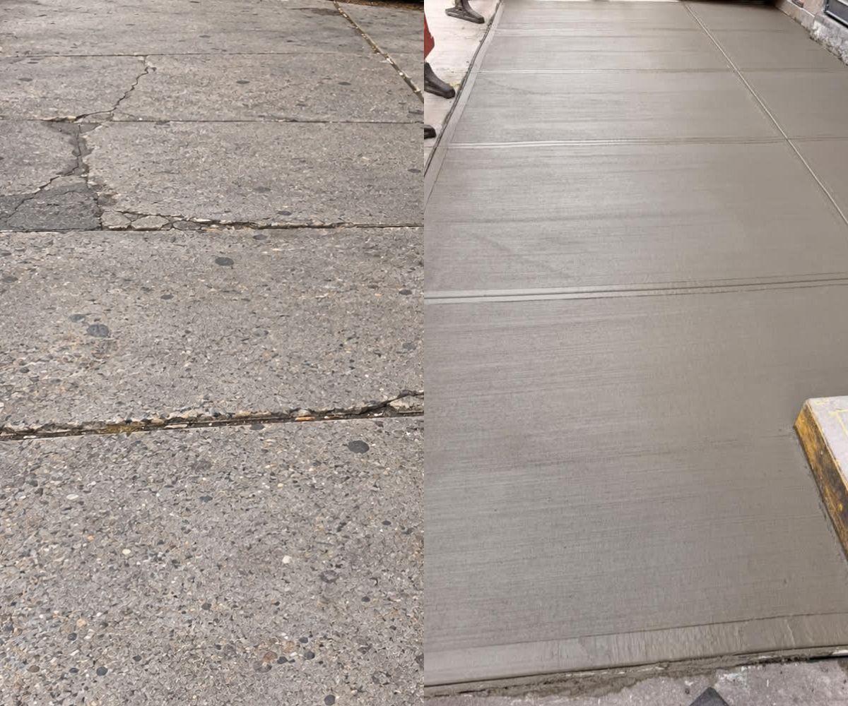 Before-and-after comparison of the sidewalk at 208 Grand Street, showing cracked and worn concrete alongside the newly replaced sidewalk.