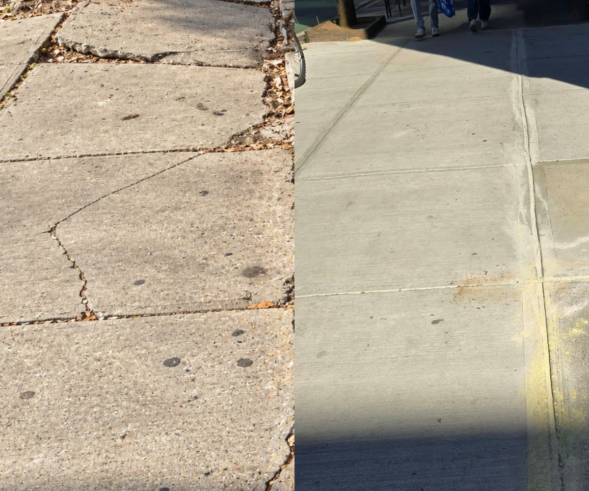 Cracked and uneven concrete sidewalk flags damaged by tree roots outside a Carnegie Hill townhouse in Manhattan.
