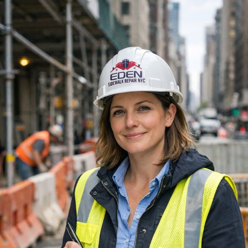 Jocelyn Hart at a NYC sidewalk construction site wearing a helmet and safety vest