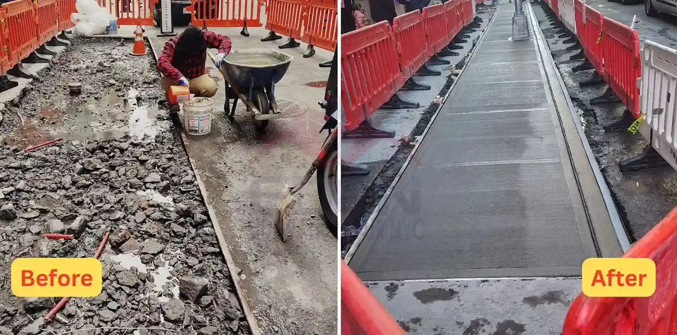 before and after comparison of a repaired sidewalk in nyc