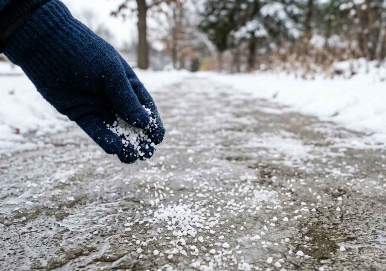 Hand spreading table salt on an icy concrete sidewalk to help melt ice in winter.